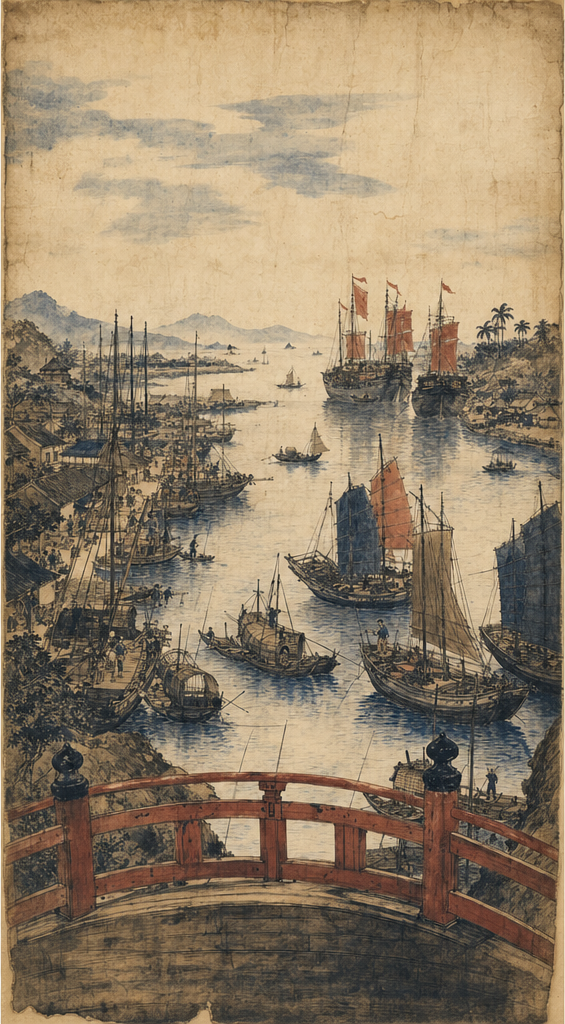 AI-generated illustration of Faifo harbour circa 1635, looking from the Japanese bridge across moored junks toward the Thu Bồn river mouth.