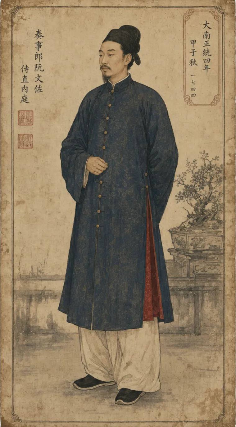 AI-generated illustration of a tailor cutting a five-panel áo ngũ thân on a long wooden bench in a Nguyễn-era workshop.