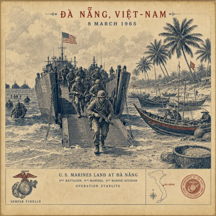 AI-generated illustration of U.S. Marines wading ashore at Red Beach, Đà Nẵng, with a distant landing-ship silhouette and palm-line headland.