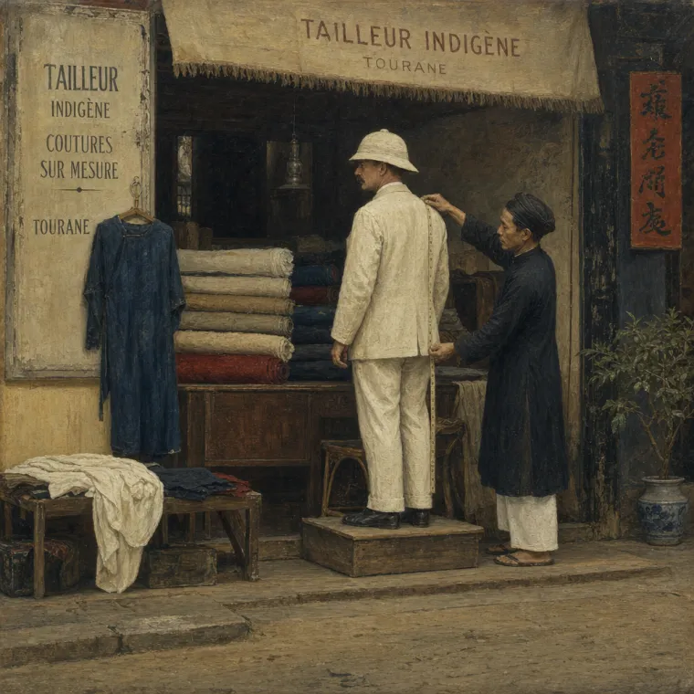 AI-generated illustration of a French-colonial-era tailor's shopfront in Tourane with louvred shutters half open, a cyclo passing.