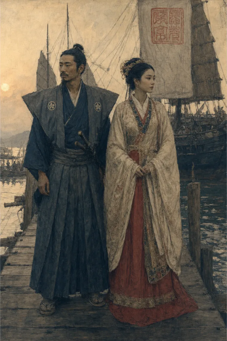AI-generated illustration of a 17th-century Vietnamese noblewoman and a Japanese merchant, bowing across a low table set with silk bolts.